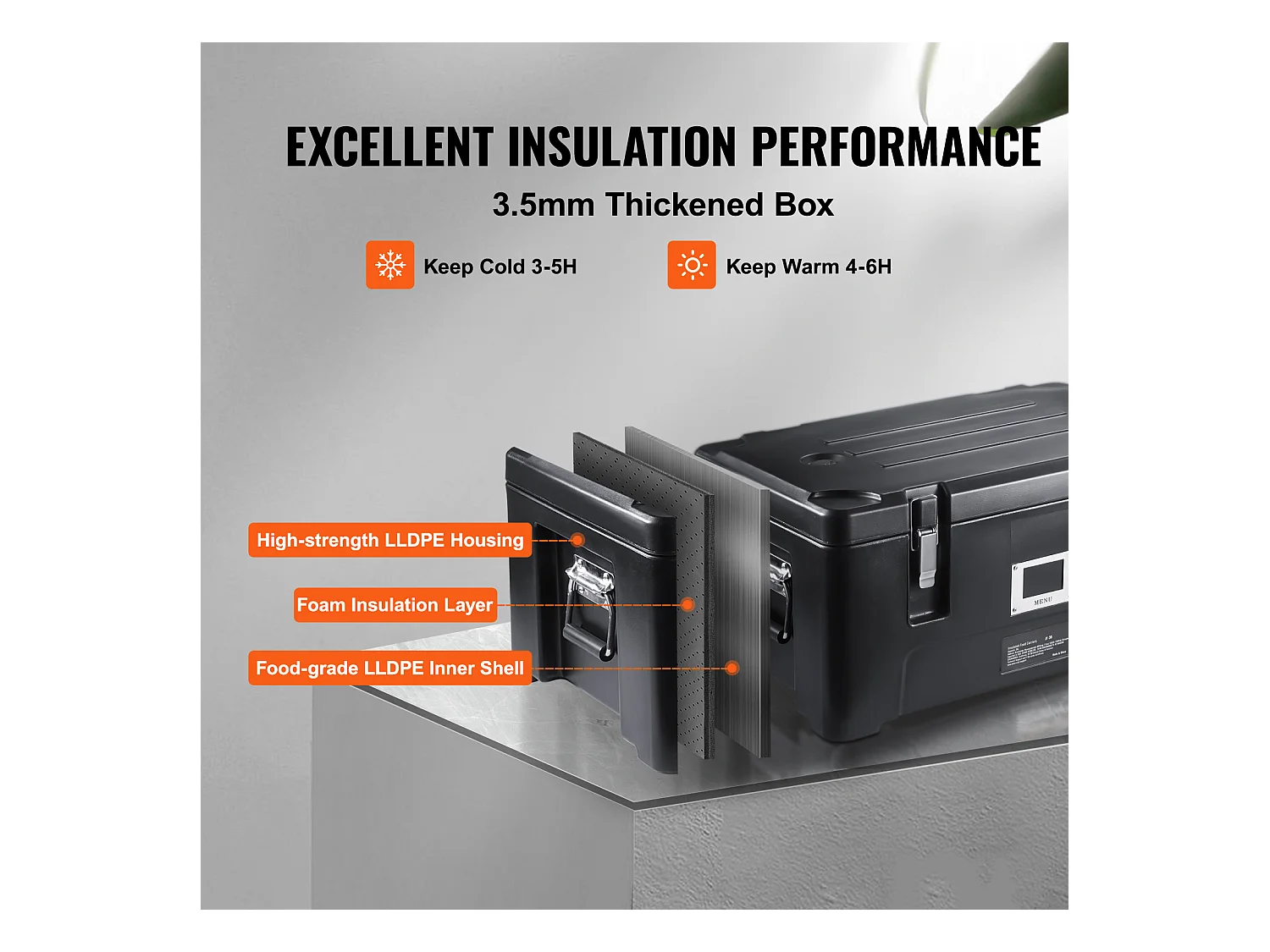Boîte de Transport Isolé SucceBuy, Porte-Plateau Isolé, Chargement Supérieur Empilable de 34 L, avec 3 poêles, noir
