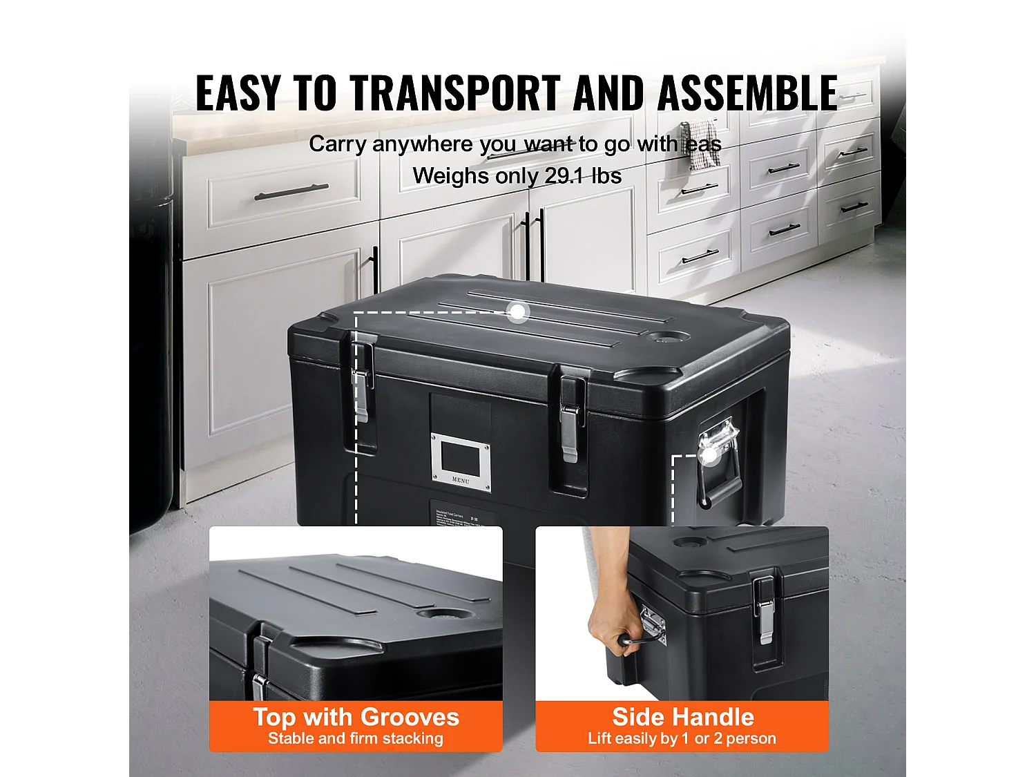 Boîte de Transport Isolé SucceBuy, Porte-Plateau Isolé, Chargement Supérieur Empilable de 34 L, avec 3 poêles, noir