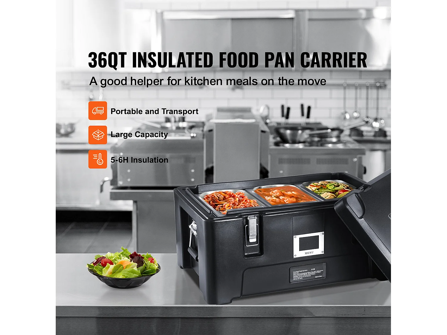 Geisoleerde Transportbox SucceBuy, Geisoleerd Bordhouder, Stapelbaar Bovenlaad 34 L, met 3 Pannen, Zwart