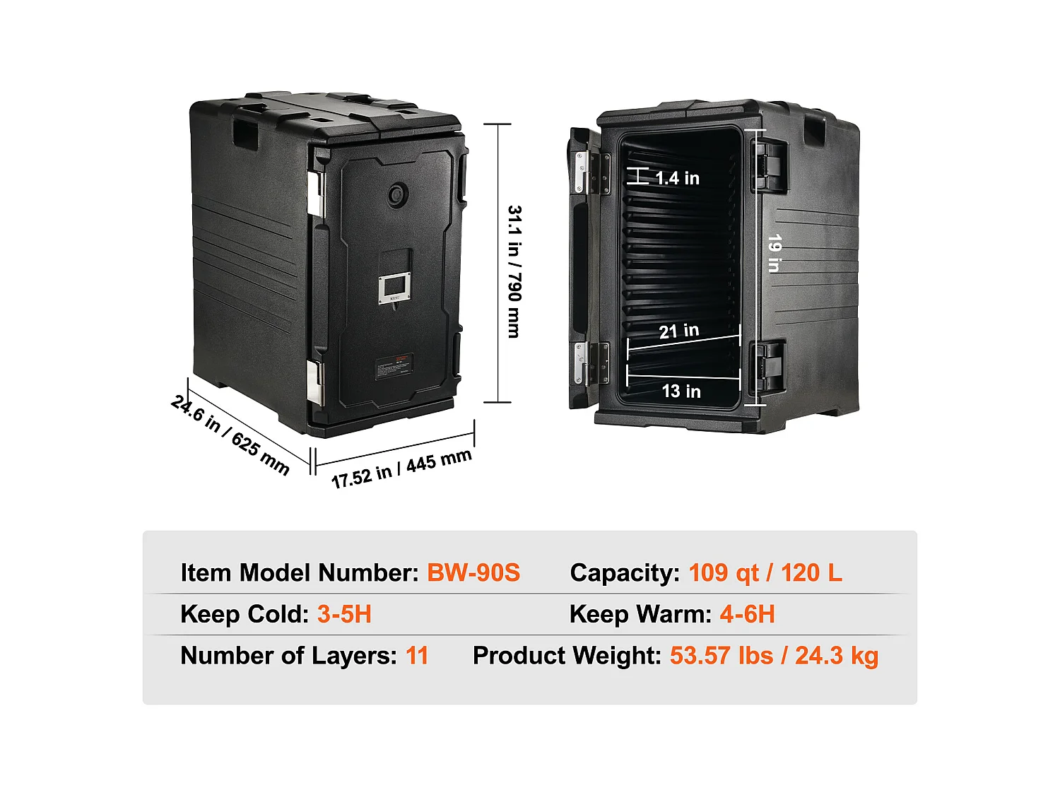 Boîte de Transport Isolé SucceBuy, Bacs à Nourriture Isolés à Chargement Frontal avec Roulettes 103 L ,Noir