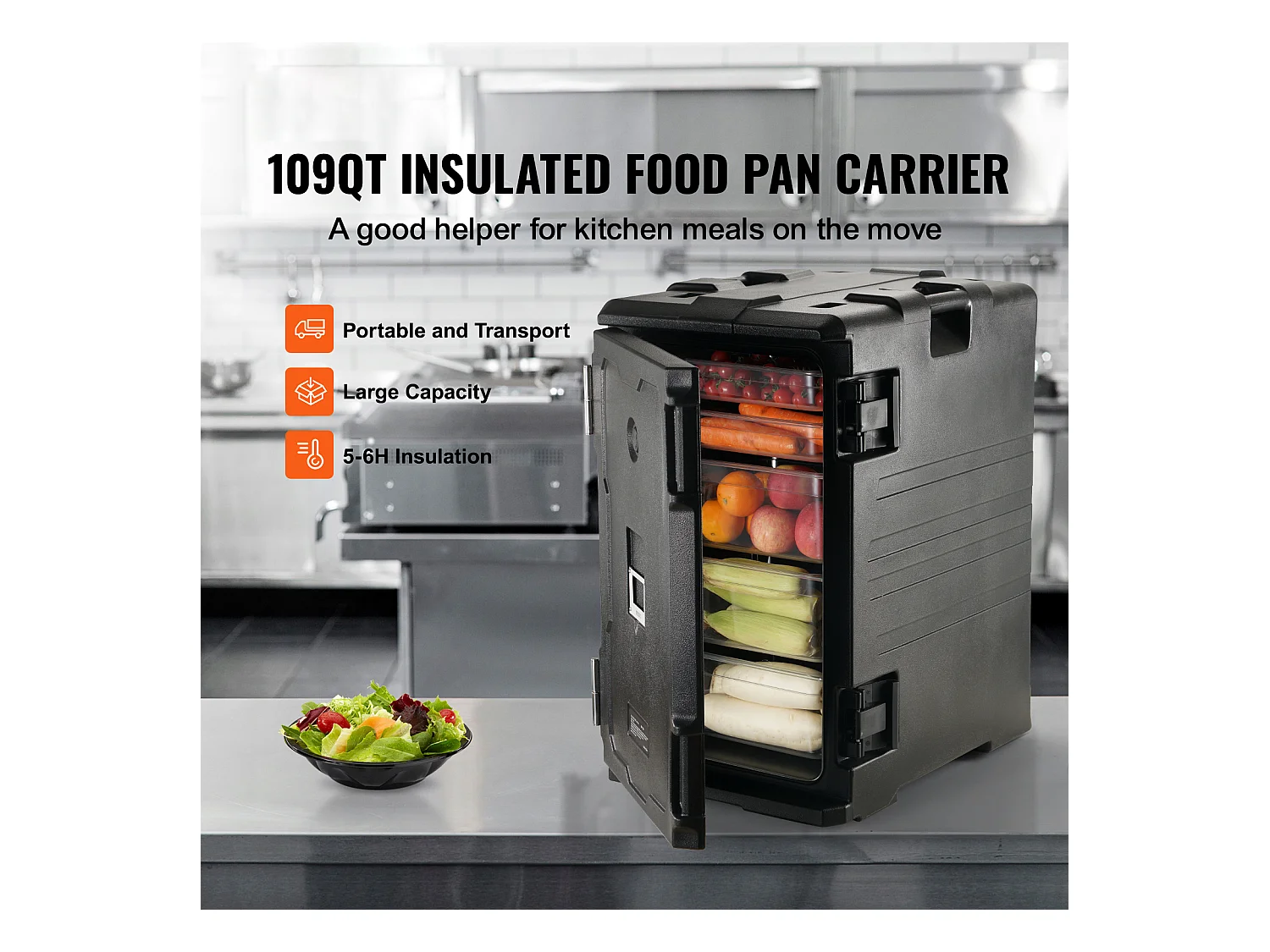 Boîte de Transport Isolé SucceBuy, Bacs à Nourriture Isolés à Chargement Frontal avec Roulettes 103 L ,Noir