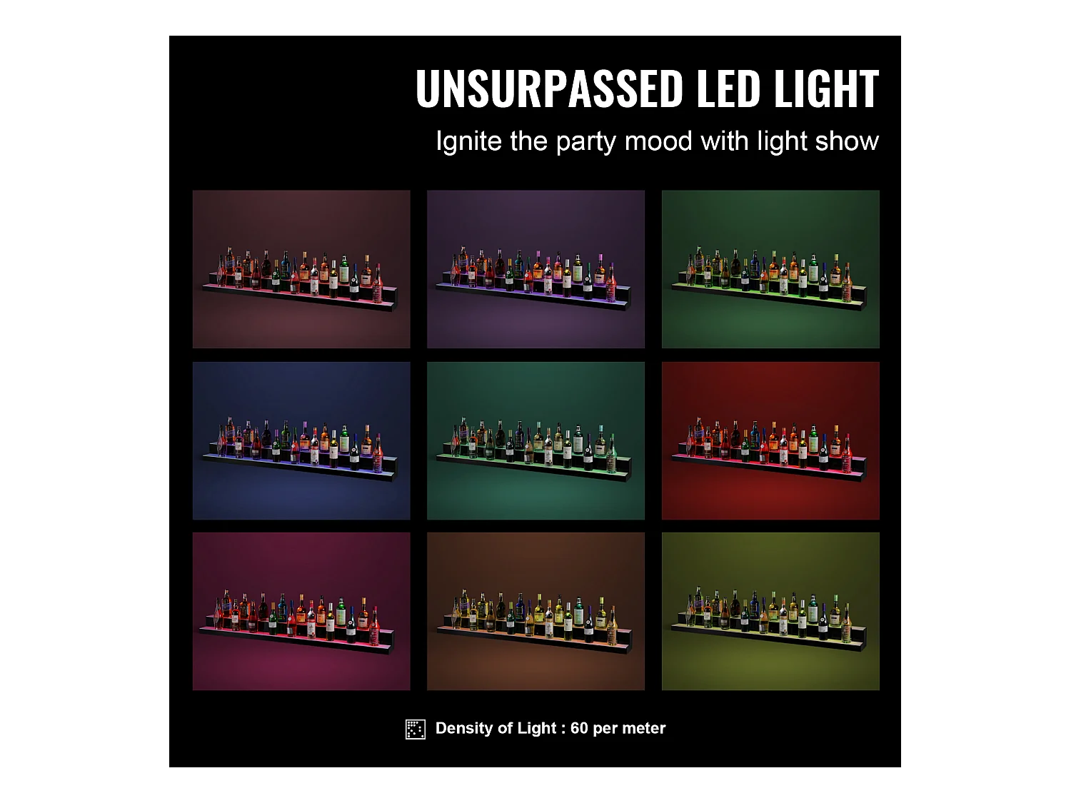 Présentoir de Bouteilles d'Alcool SucceBuy, Éclairé par LED en 2 Étapes, Étagère de Bar 182,8 cm, Contrôle RF et Application