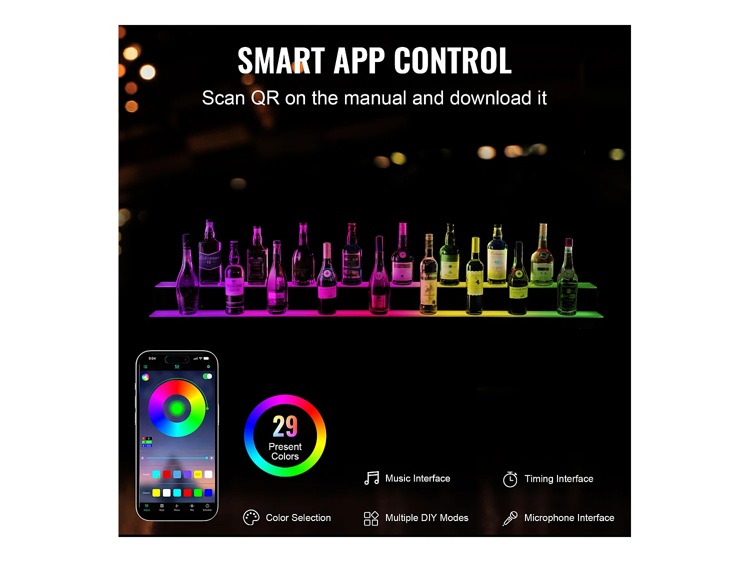 Présentoir de Bouteilles d'Alcool SucceBuy, Éclairé par LED en 2 Étapes, Étagère de Bar 182,8 cm, Contrôle RF et Application