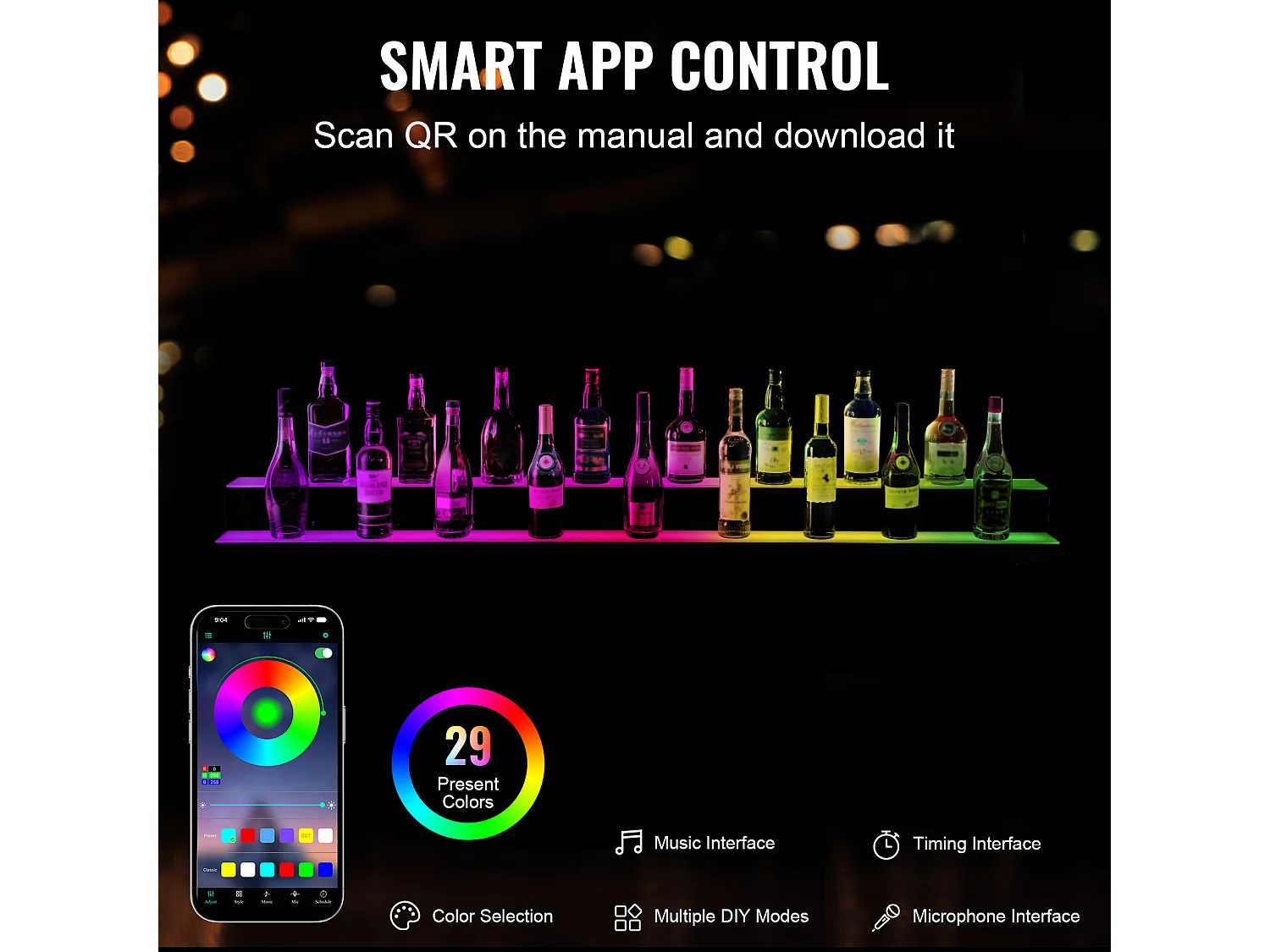 Présentoir de Bouteilles d'Alcool SucceBuy, Éclairé par LED en 2 Étapes, Étagère de Bar 182,8 cm, Contrôle RF et Application