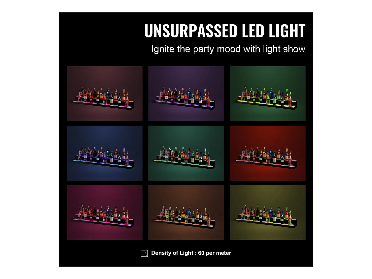 Présentoir de Bouteilles d'Alcool SucceBuy, Éclairé par LED en 2 Étapes, Étagère de Bar 152,4 cm, Contrôle RF et Application