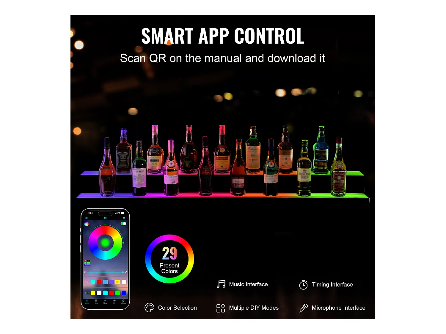 Présentoir de Bouteilles d'Alcool SucceBuy, Éclairé par LED en 2 Étapes, Étagère de Bar 152,4 cm, Contrôle RF et Application