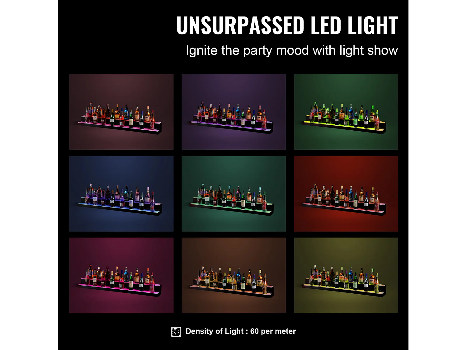 Expositor de Botellas de Alcohol SucceBuy, Iluminado con LED en 2 Niveles, Estante de Bar 152,4 cm, Control RF y Aplicación