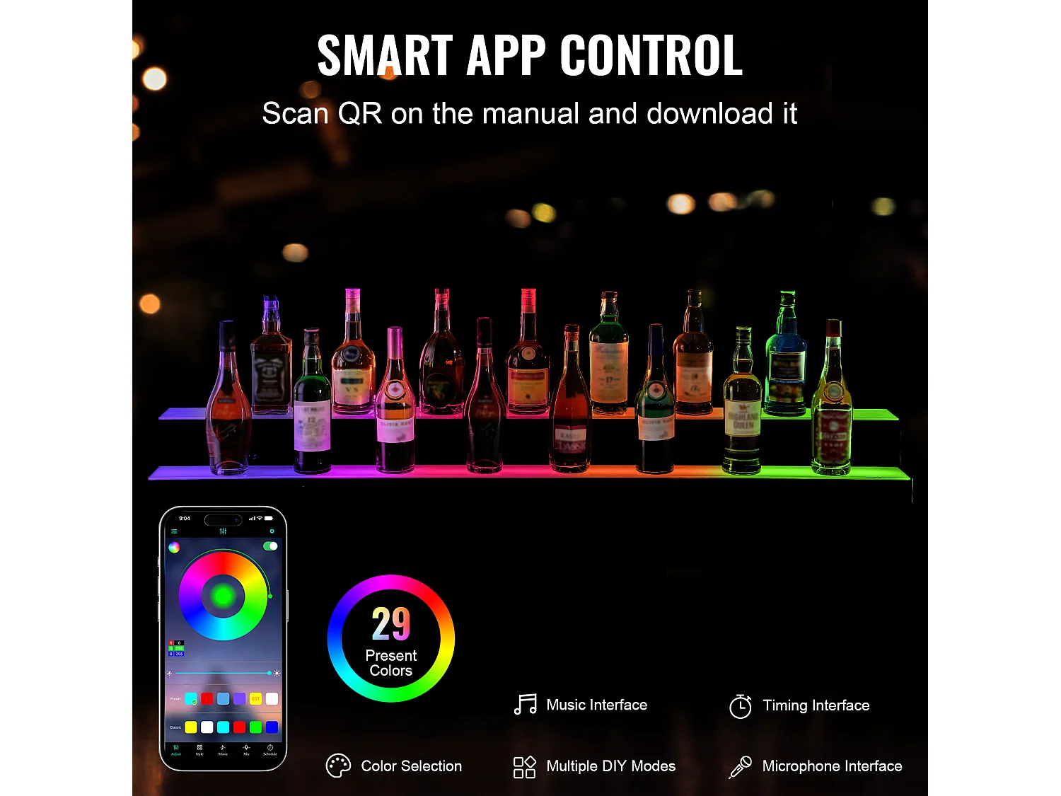 Expositor de Botellas de Alcohol SucceBuy, Iluminado con LED en 2 Niveles, Estante de Bar 152,4 cm, Control RF y Aplicación