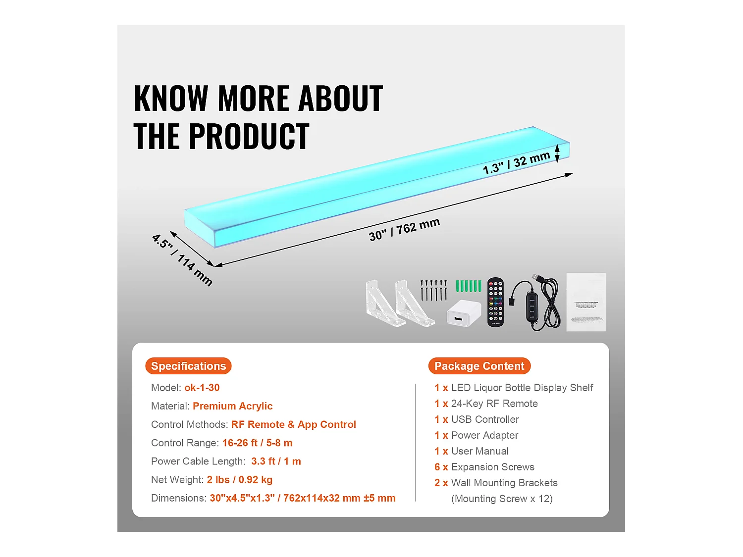Présentoir de Bouteilles d'Alcool SucceBuy, Éclairé par LED en 1 Étapes, Étagère de Bar 76,2 cm, Contrôle RF et Application
