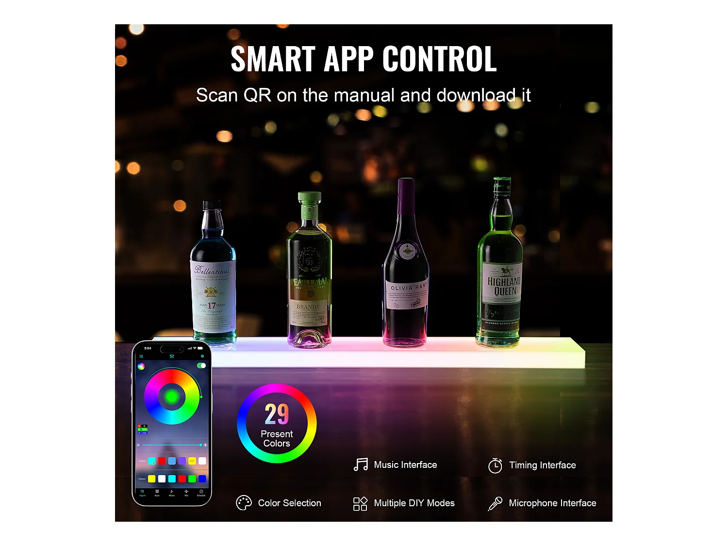 Présentoir de Bouteilles d'Alcool SucceBuy, Éclairé par LED en 1 Étapes, Étagère de Bar 76,2 cm, Contrôle RF et Application