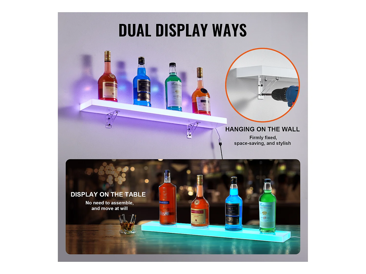 Présentoir de Bouteilles d'Alcool SucceBuy, Éclairé par LED en 1 Étapes, Étagère de Bar 76,2 cm, Contrôle RF et Application