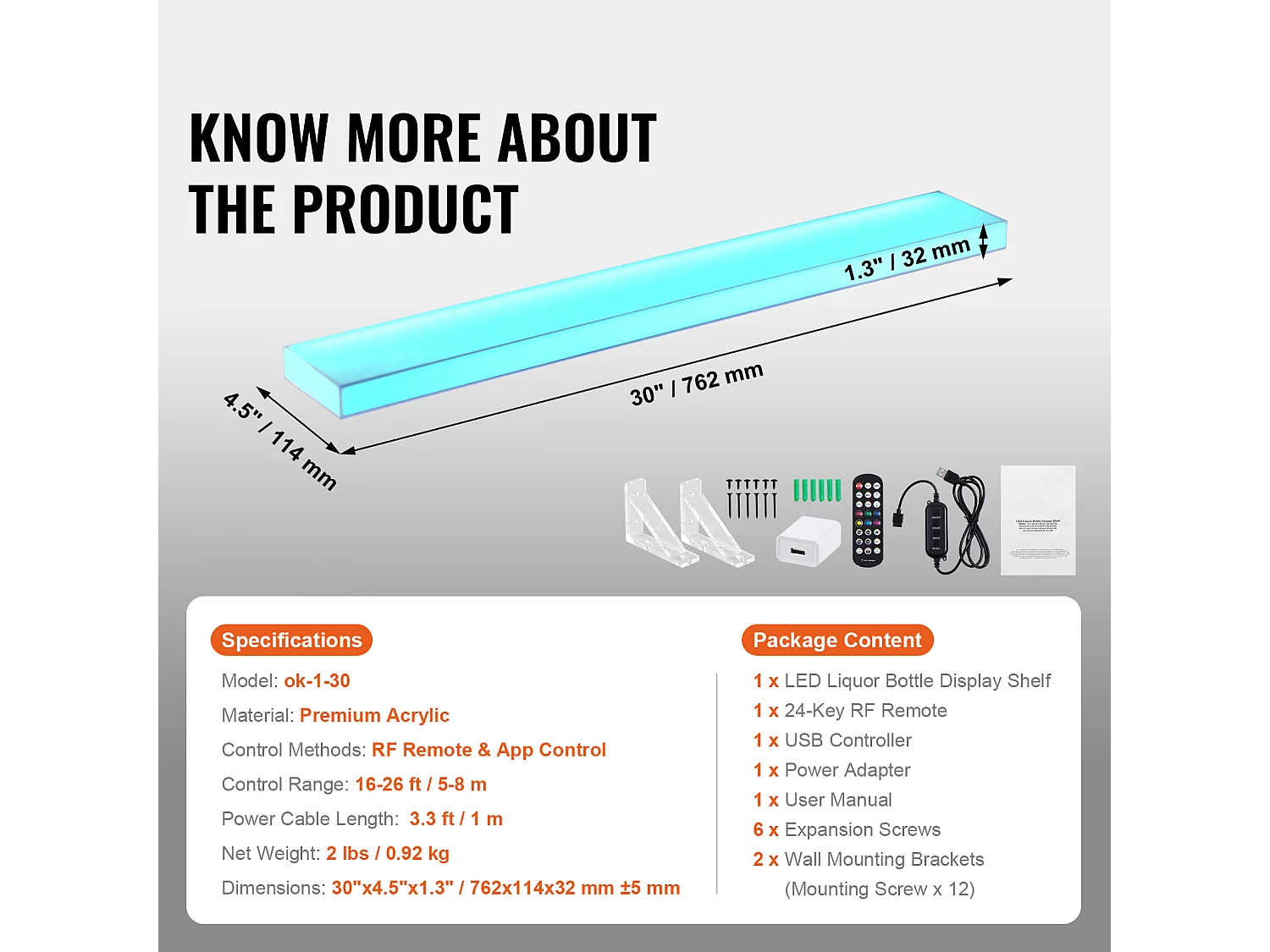 Espositore per Bottiglie di Alcolici SucceBuy, Illuminato a LED in 1 Livelli, Ripiano da Bar 76,2 cm, Controllo RF e App