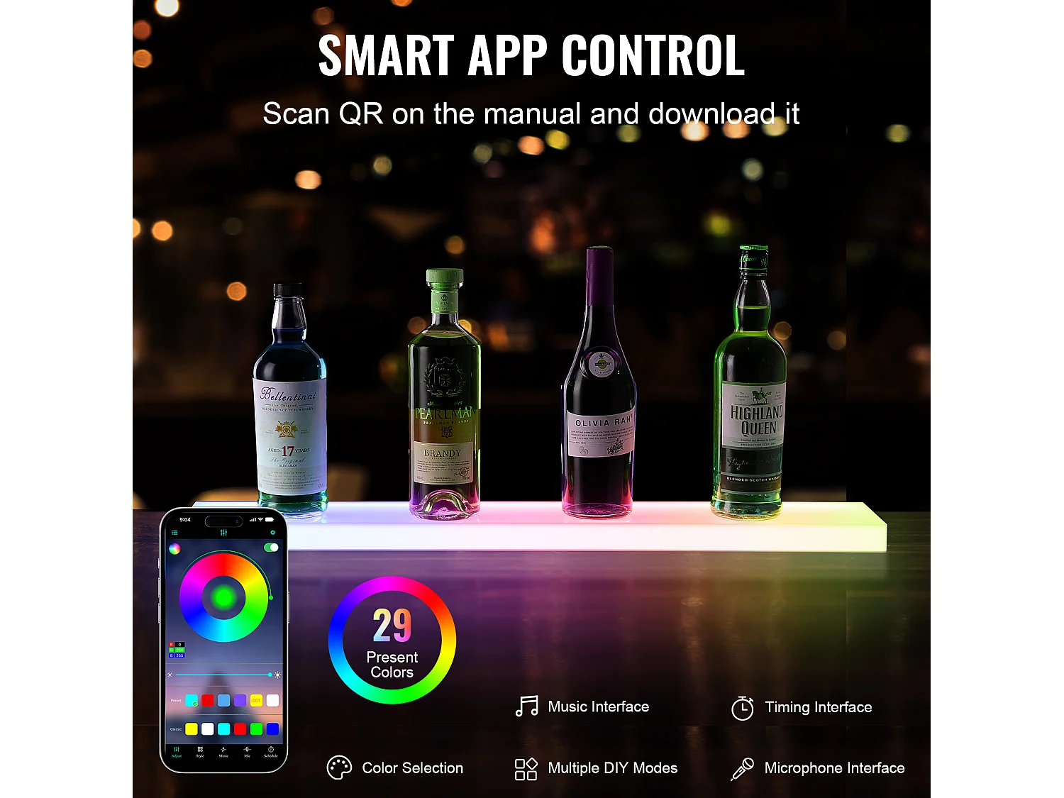 Espositore per Bottiglie di Alcolici SucceBuy, Illuminato a LED in 1 Livelli, Ripiano da Bar 76,2 cm, Controllo RF e App