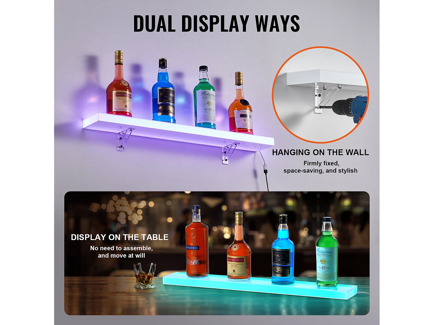 Espositore per Bottiglie di Alcolici SucceBuy, Illuminato a LED in 1 Livelli, Ripiano da Bar 76,2 cm, Controllo RF e App