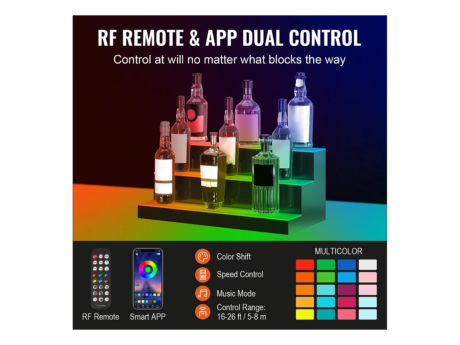 Présentoir de Bouteilles d'Alcool SucceBuy, Éclairé par LED en 3 Étapes, Étagère de Bar 60 cm, Contrôle RF et Application