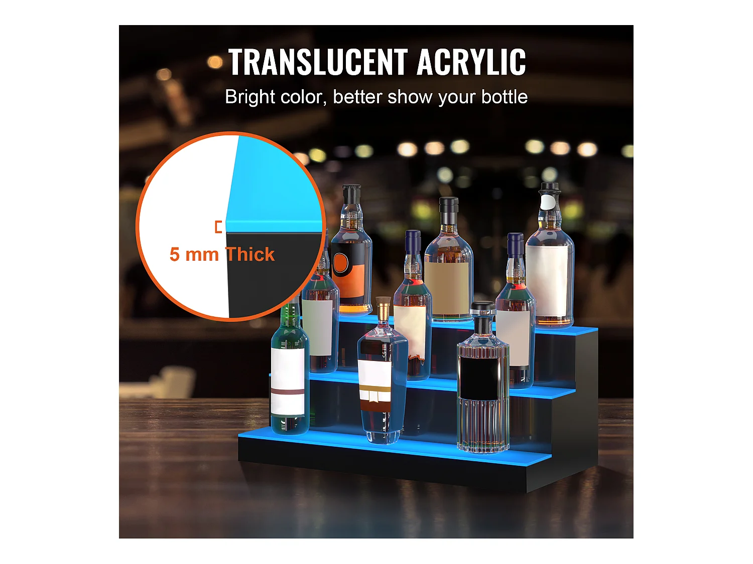 Présentoir de Bouteilles d'Alcool SucceBuy, Éclairé par LED en 3 Étapes, Étagère de Bar 60 cm, Contrôle RF et Application