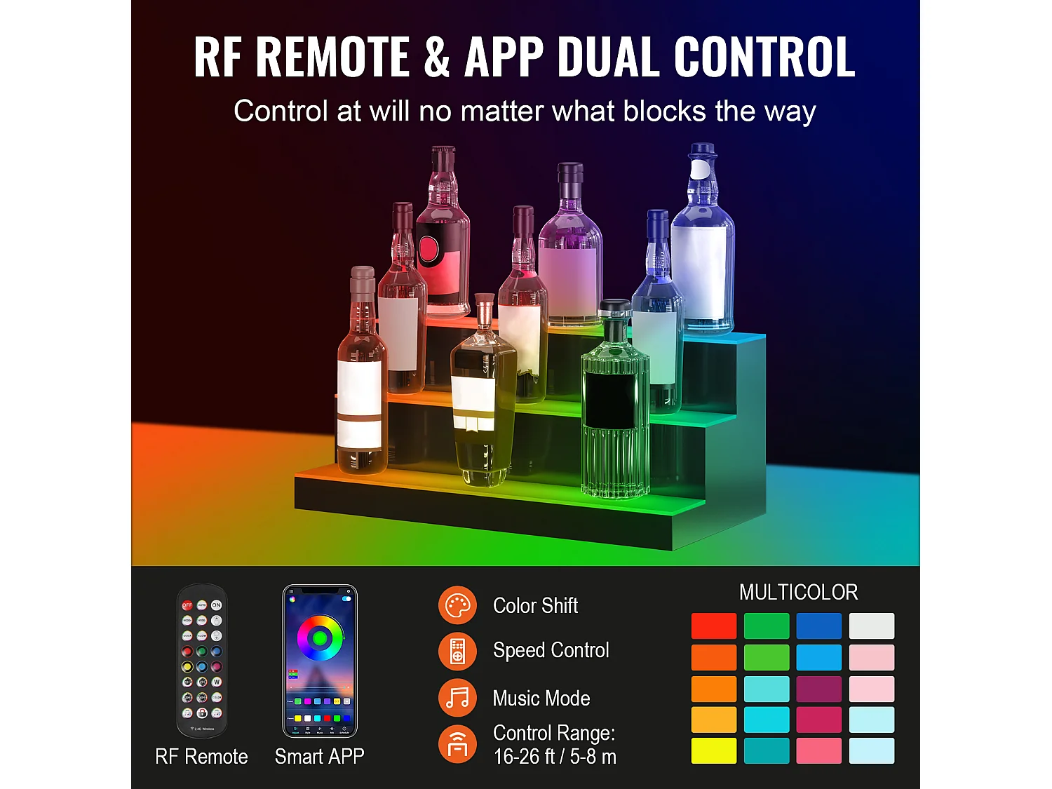 Présentoir de Bouteilles d'Alcool SucceBuy, Éclairé par LED en 3 Étapes, Étagère de Bar 60 cm, Contrôle RF et Application