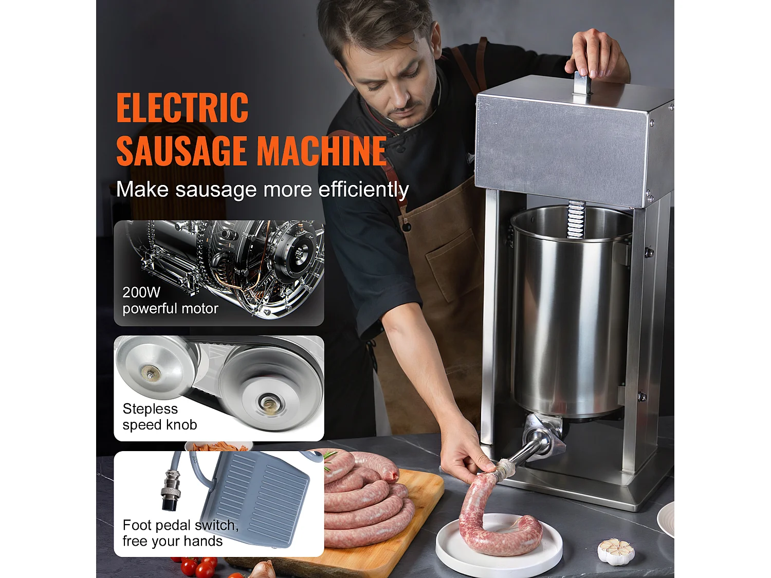 Poussoir à Saucisses Électrique SucceBuy, Poussoir à Viande Vertical, 12 L, Acier Inoxydable 304, pour les Applications Commerciales dans les Supermarchés