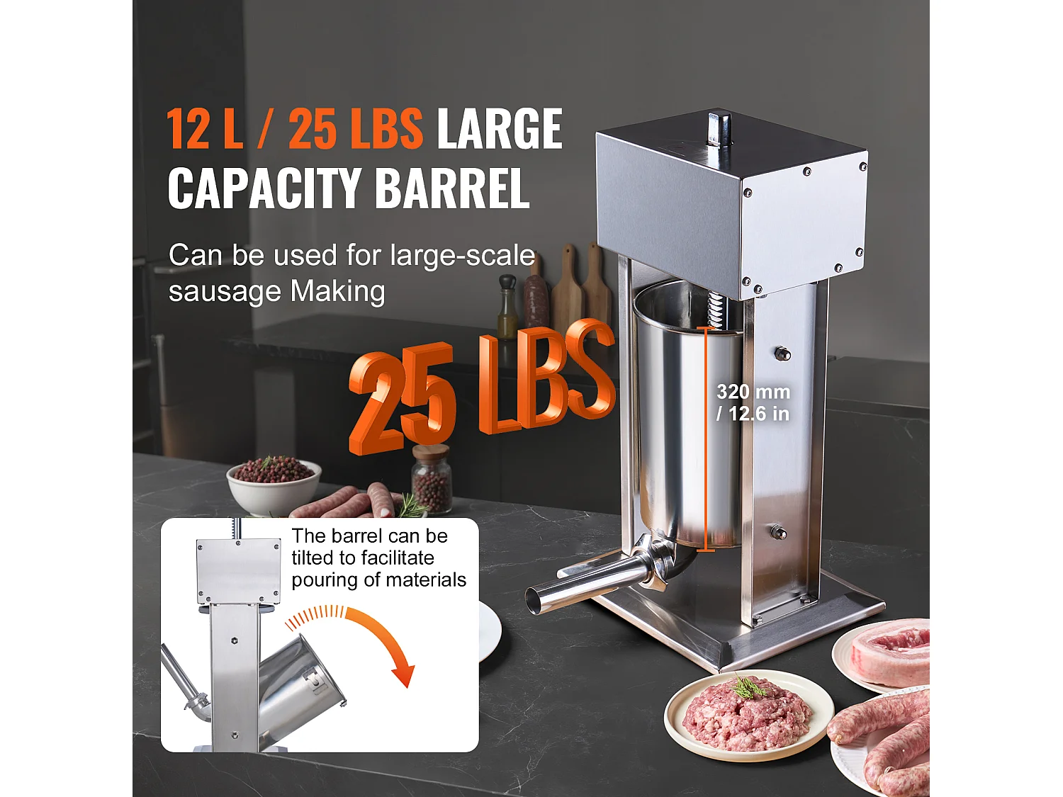 Poussoir à Saucisses Électrique SucceBuy, Poussoir à Viande Vertical, 12 L, Acier Inoxydable 304, pour les Applications Commerciales dans les Supermarchés