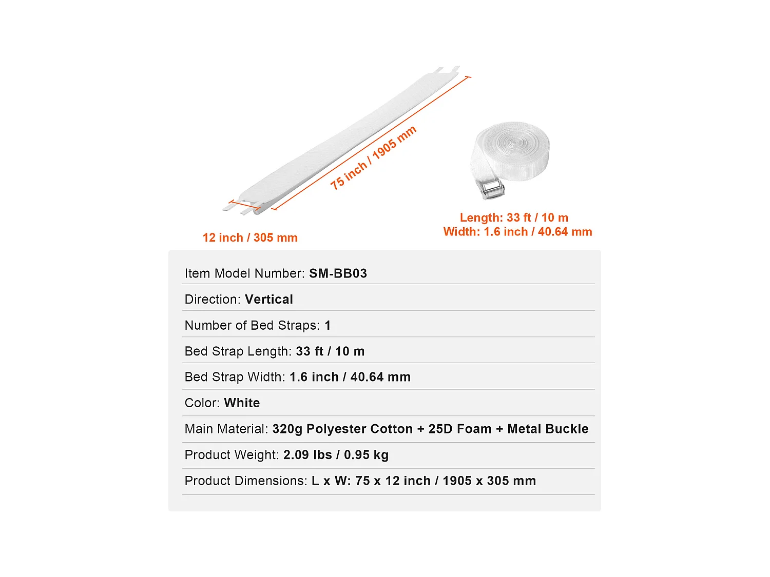 Pont de Lit SucceBuy 190,5 x 30,5 cm, Connecteur de Matelas Réglable, avec Sangle à Boucle en Métal Robuste, Mousse à Mémoire de Forme 25D
