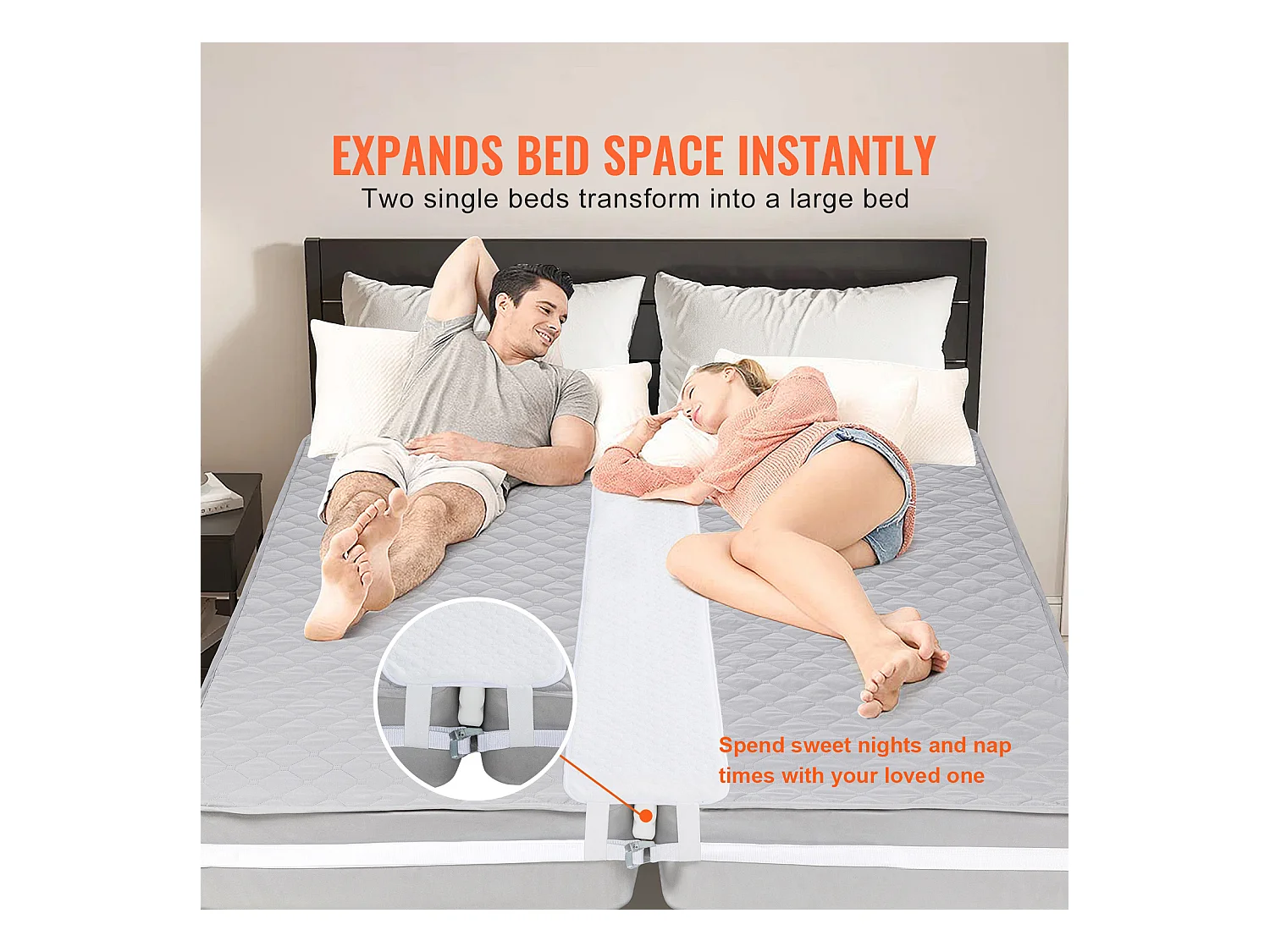 Pont de Lit SucceBuy 190,5 x 30,5 cm, Connecteur de Matelas Réglable, avec Sangle à Boucle en Métal Robuste, Mousse à Mémoire de Forme 25D