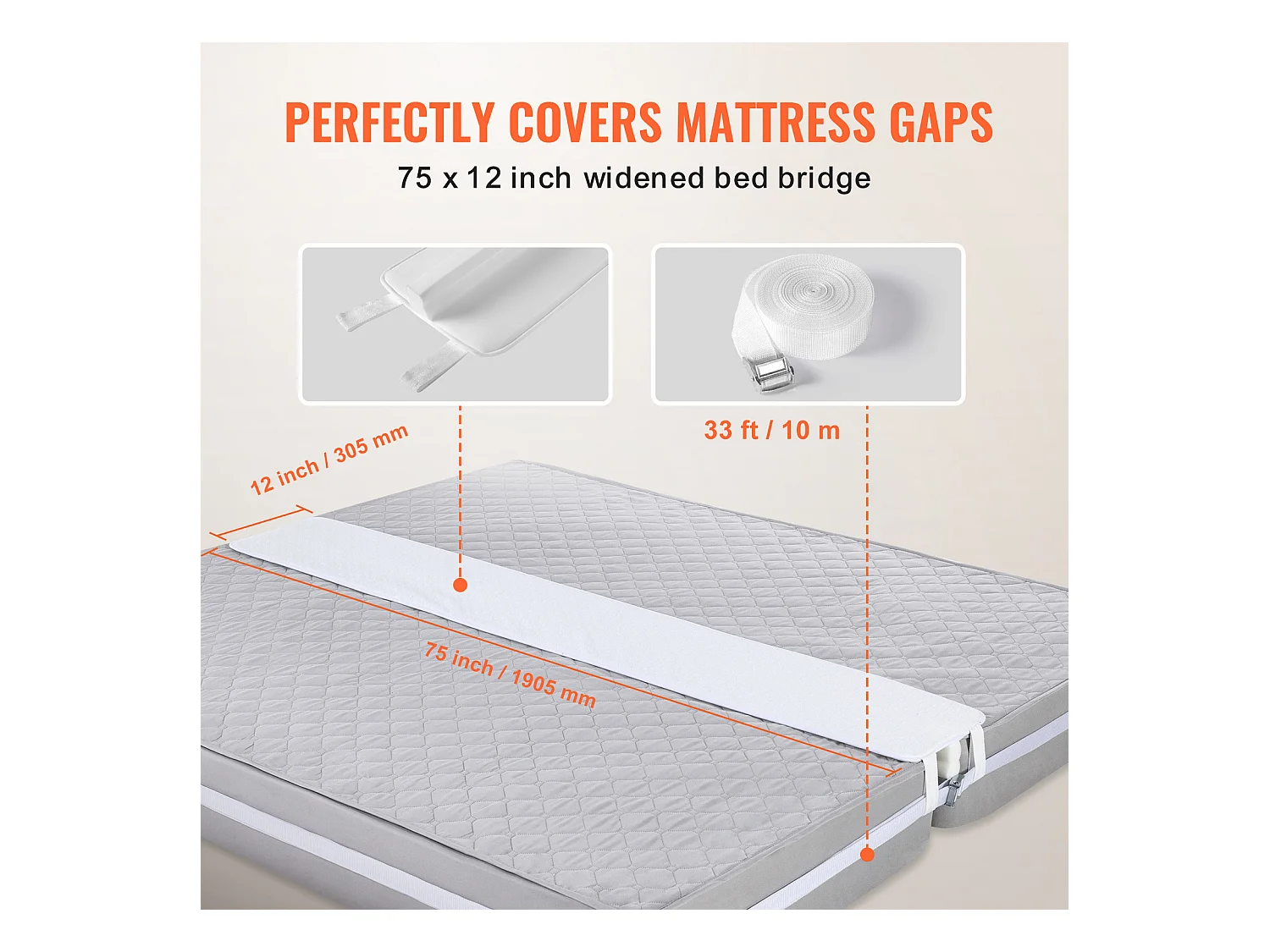 Pont de Lit SucceBuy 190,5 x 30,5 cm, Connecteur de Matelas Réglable, avec Sangle à Boucle en Métal Robuste, Mousse à Mémoire de Forme 25D