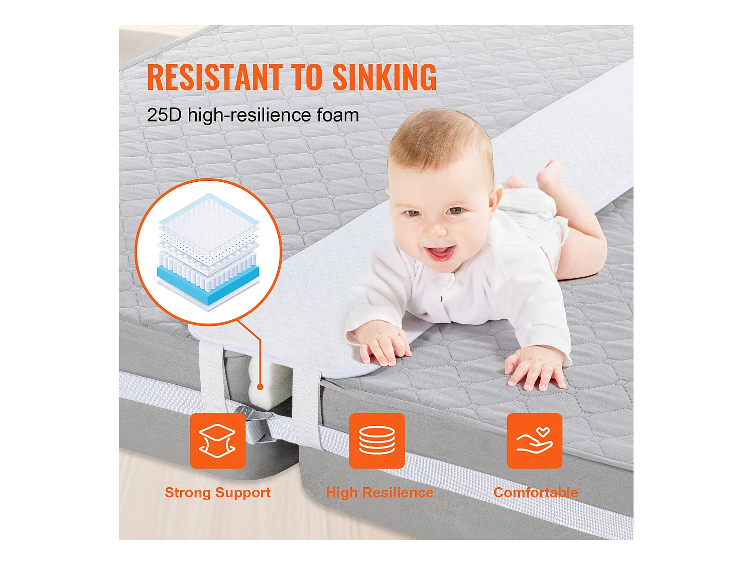 Pont de Lit SucceBuy 190,5 x 30,5 cm, Connecteur de Matelas Réglable, avec Sangle à Boucle en Métal Robuste, Mousse à Mémoire de Forme 25D