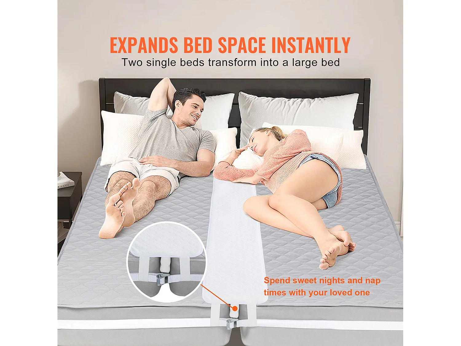 Pont de Lit SucceBuy 190,5 x 30,5 cm, Connecteur de Matelas Réglable, avec Sangle à Boucle en Métal Robuste, Mousse à Mémoire de Forme 25D