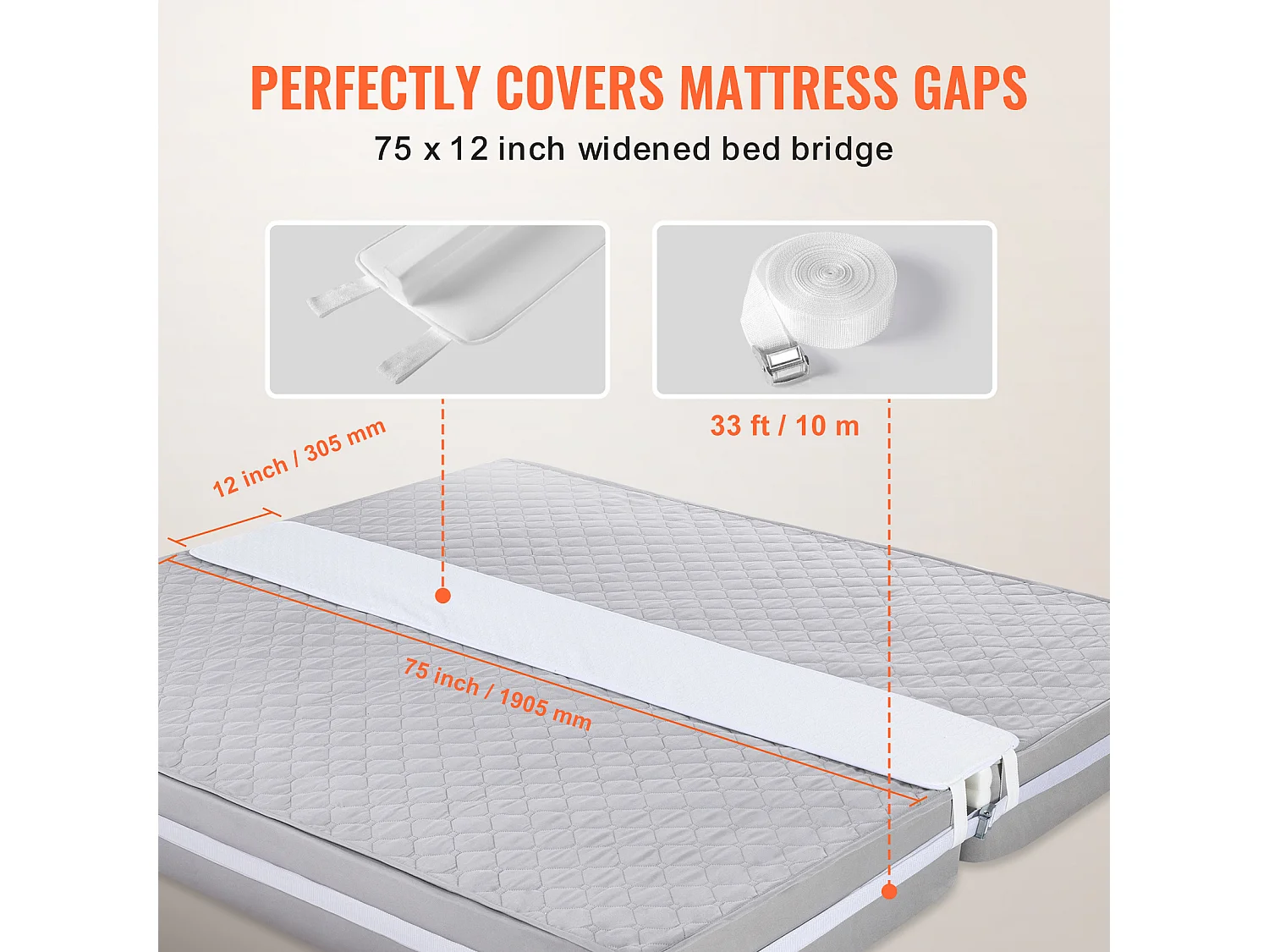 Pont de Lit SucceBuy 190,5 x 30,5 cm, Connecteur de Matelas Réglable, avec Sangle à Boucle en Métal Robuste, Mousse à Mémoire de Forme 25D