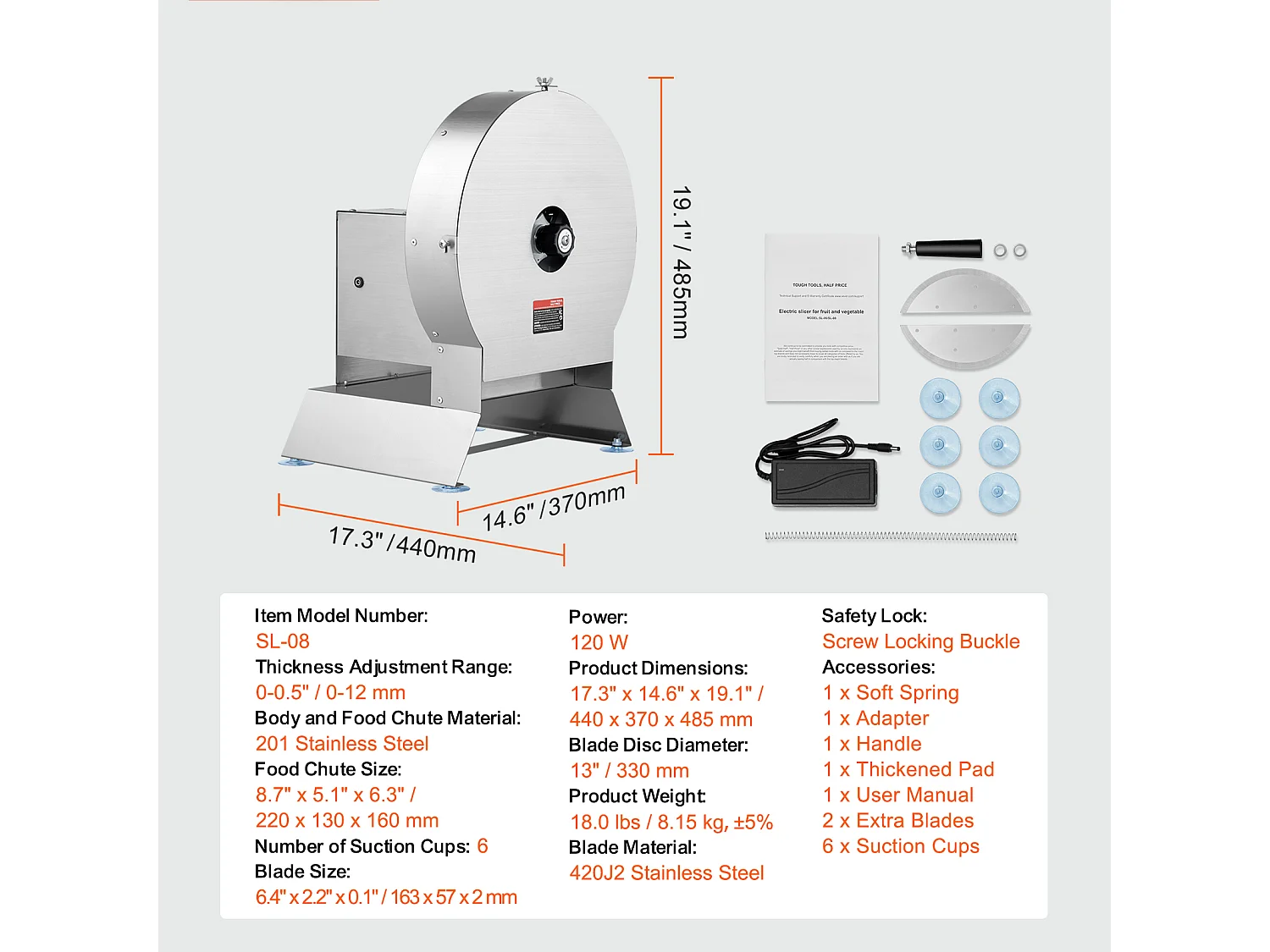 Trancheuse Manuelle SucceBuy Trancheuse à Légumes électrique Manuelle 0-1.27cm, Coupe-Aliments à épaisseur Réglable, Grand Port