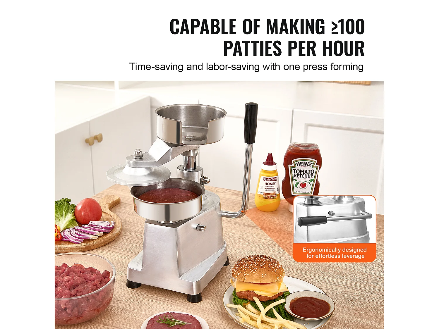 Prasa do Hamburgerów SucceBuy, 130 mm Średnicy, 110V, Stal Nierdzewna, Srebro, do Stanów na Otwartym Powietrzu, Kuchni Szkolnych, Hoteli