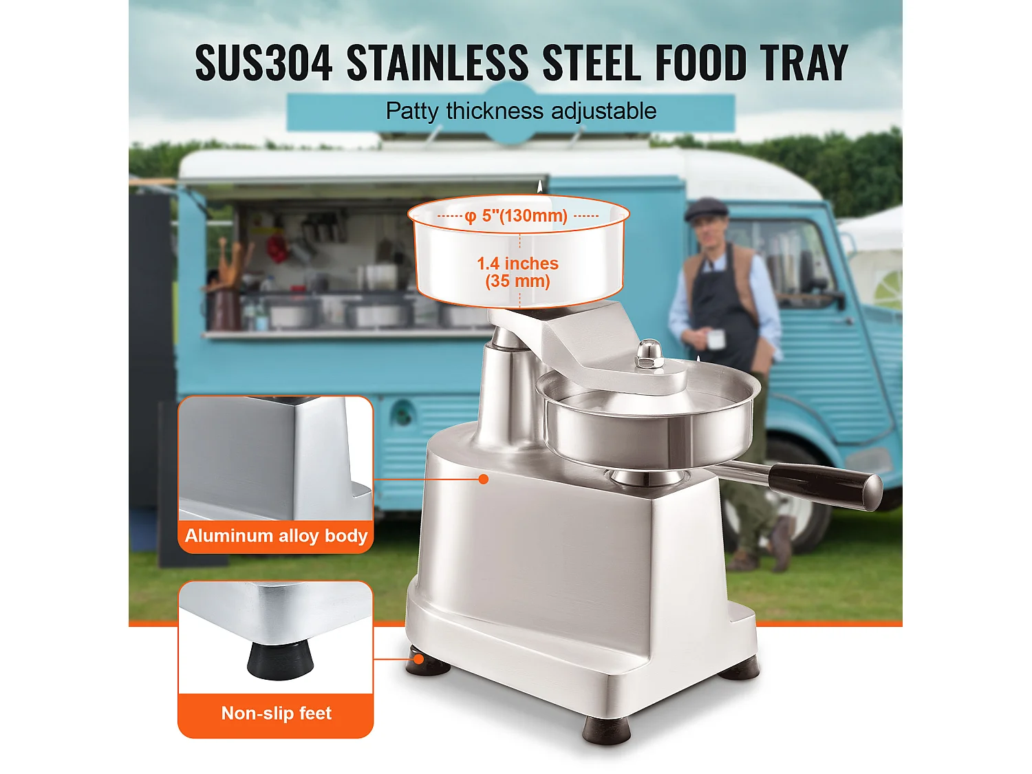 Prasa do Hamburgerów SucceBuy, 130 mm Średnicy, 110V, Stal Nierdzewna, Srebro, do Stanów na Otwartym Powietrzu, Kuchni Szkolnych, Hoteli