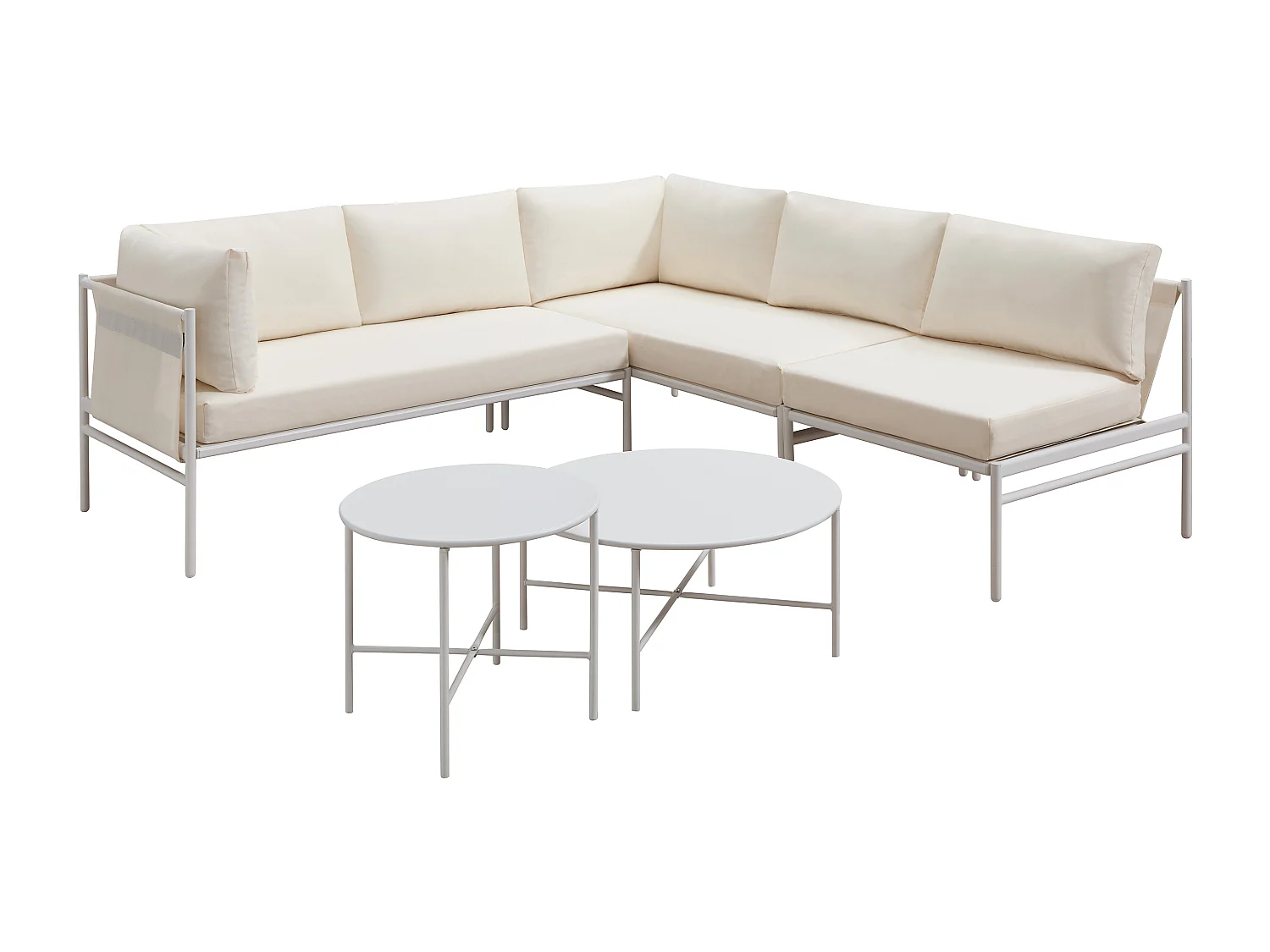 Salon de jardin modulable en acier : 2 canapés d'angle, 1 fauteuil et tables gigognes - Blanc - ULAME de MYLIA