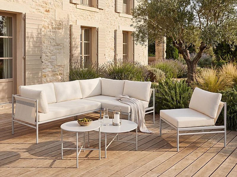 Garten-Sitzgruppe beliebig kombinierbar: 2 Ecksofa 1-Sitzer & Beistelltische - Stahl - Weiß - ULAME von MYLIA