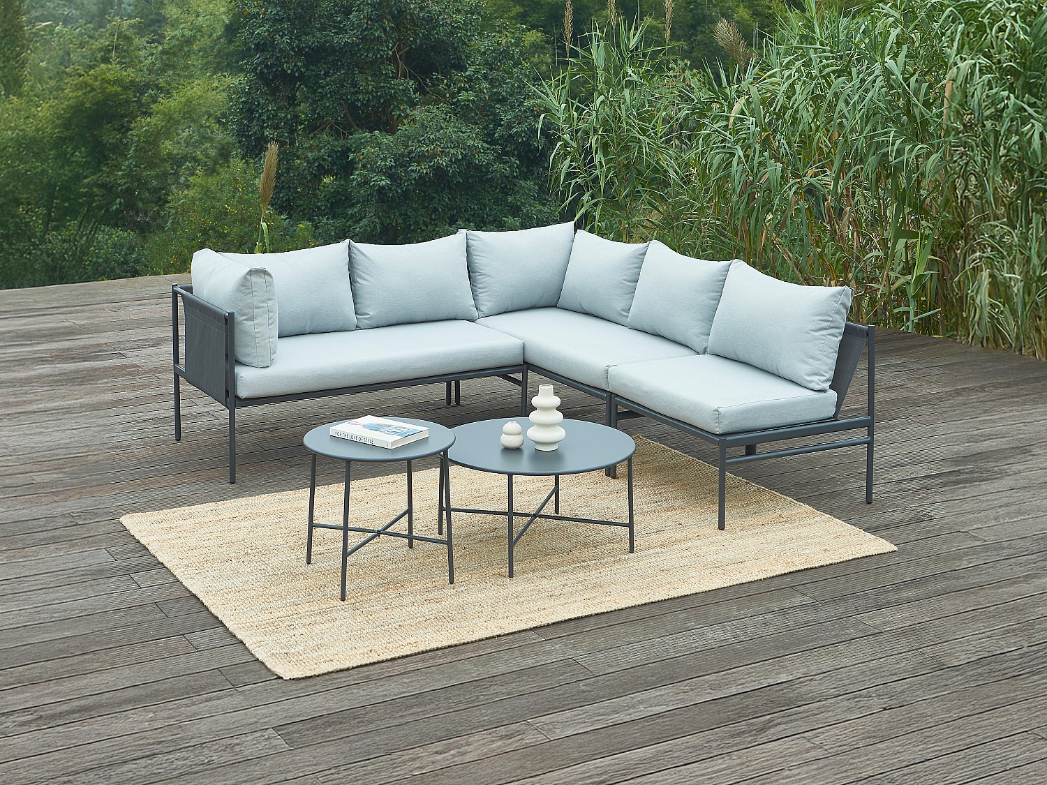 Vente-unique Garten-Sitzgruppe Beliebig Kombinierbar, 2 Ecksofa 1-Sitzer & Beistelltische - Stahl - Anthrazit - Ulame Von Mylia