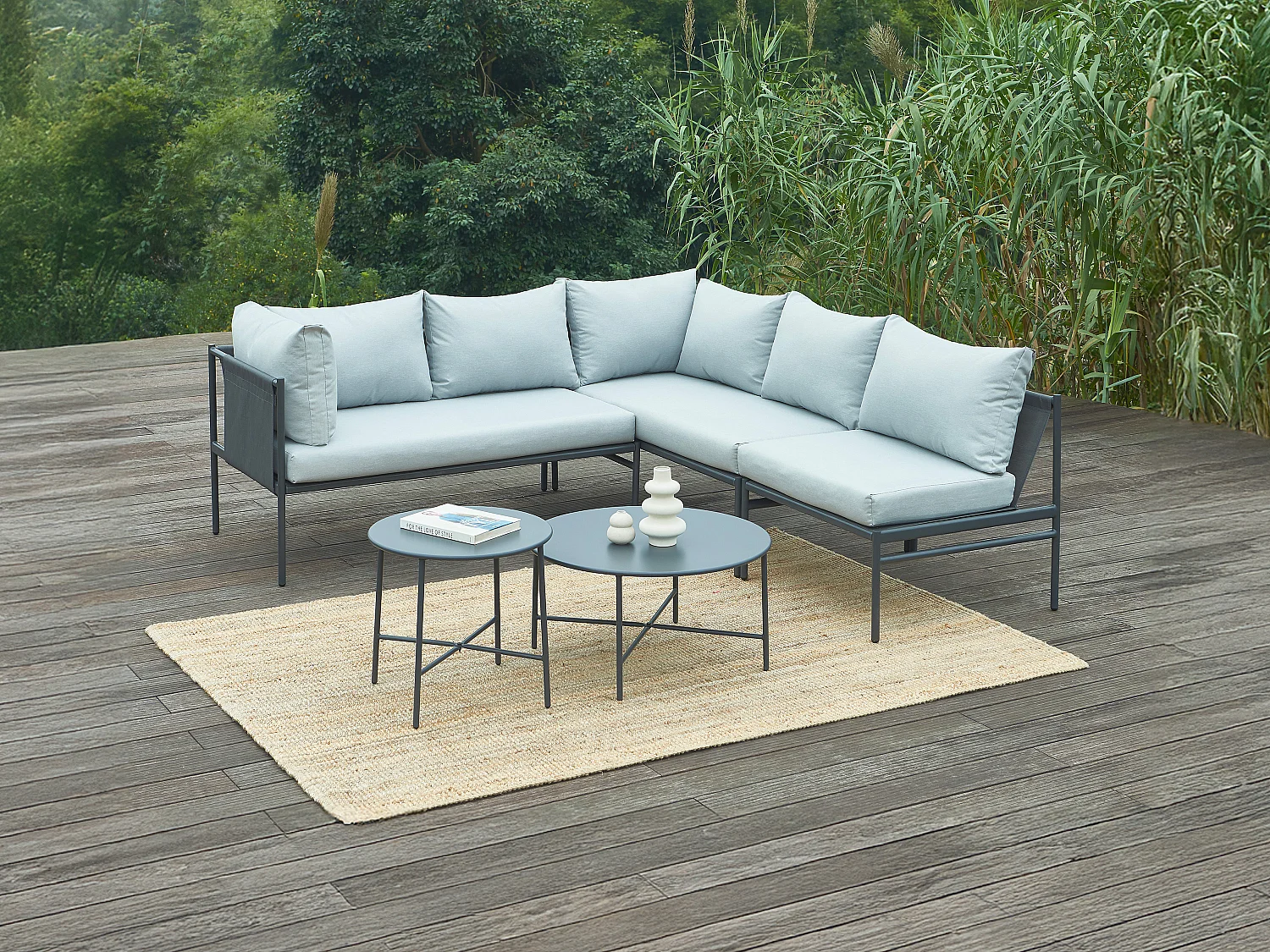 Salon de jardin modulable en acier : 2 canapés d'angle, 1 fauteuil et tables gigognes - Anthracite - ULAME de MYLIA