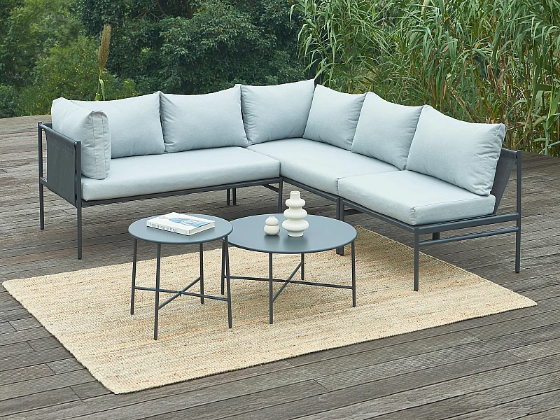 Salon de jardin modulable en acier : 2 canapés d'angle, 1 fauteuil et tables gigognes - Anthracite - ULAME de MYLIA