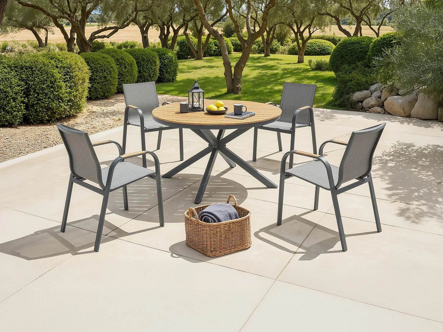 Table de jardin ronde en aluminium D.125 cm - Anthracite et naturel clair - ZEYVA de MYLIA