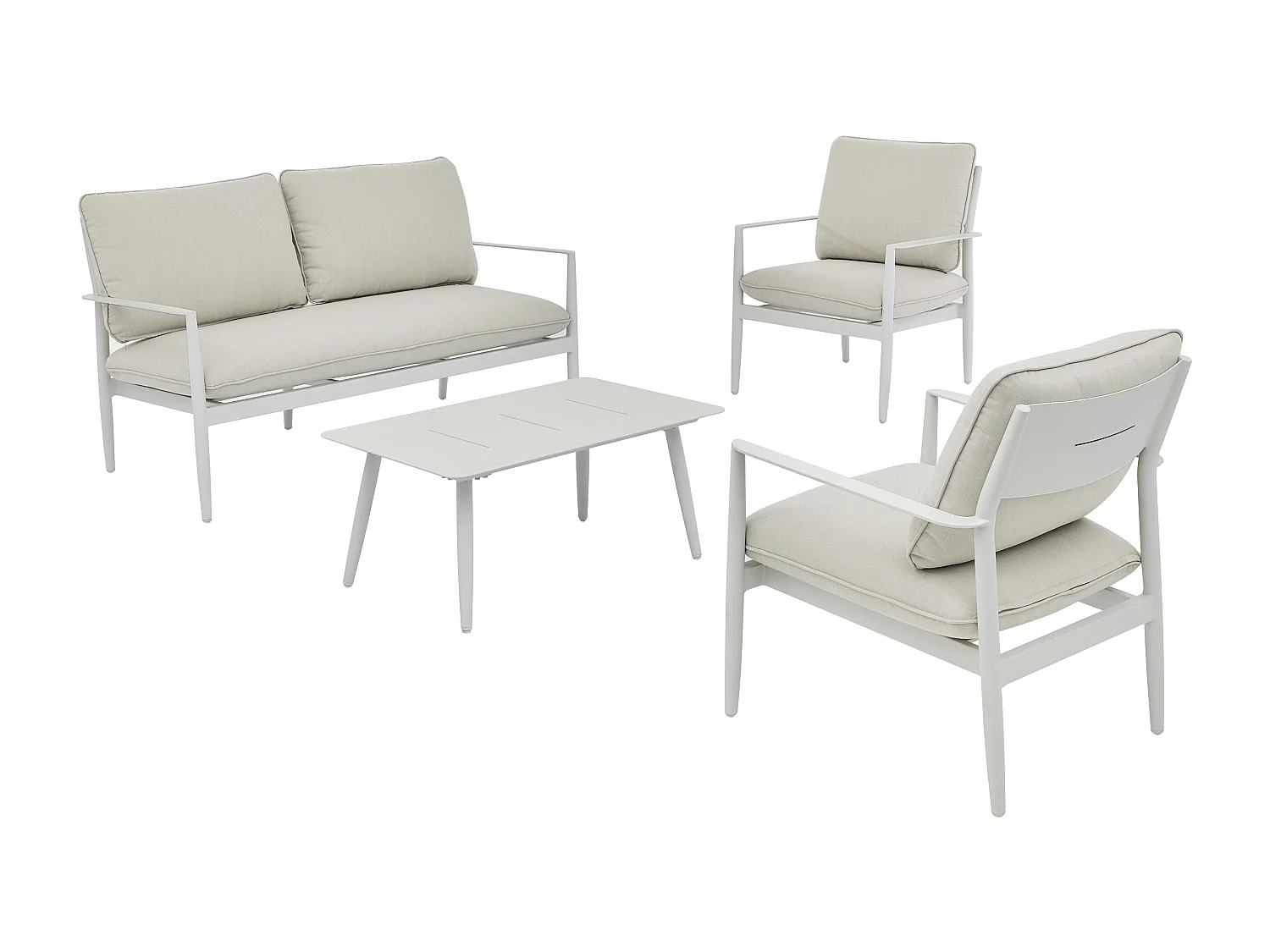 Conjunto de jardim em alumínio: um sofá de 2 lugares, 2 poltronas e uma mesa de centro - Branco com almofadas bege - TAVINYA da MYLIA