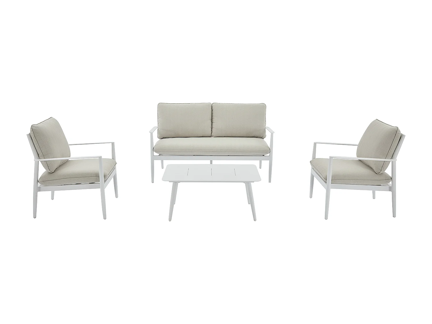Conjunto de jardim em alumínio: um sofá de 2 lugares, 2 poltronas e uma mesa de centro - Branco com almofadas bege - TAVINYA da MYLIA