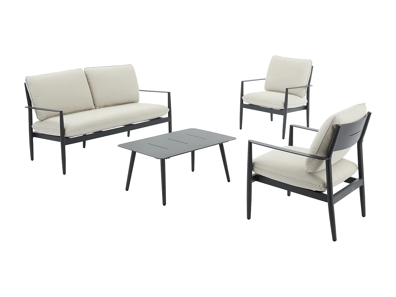 Conjunto de jardim em alumínio: um sofá de 2 lugares, 2 poltronas e 1 mesa de centro - Antracite com almofadas bege - TAVINYA de MYLIA