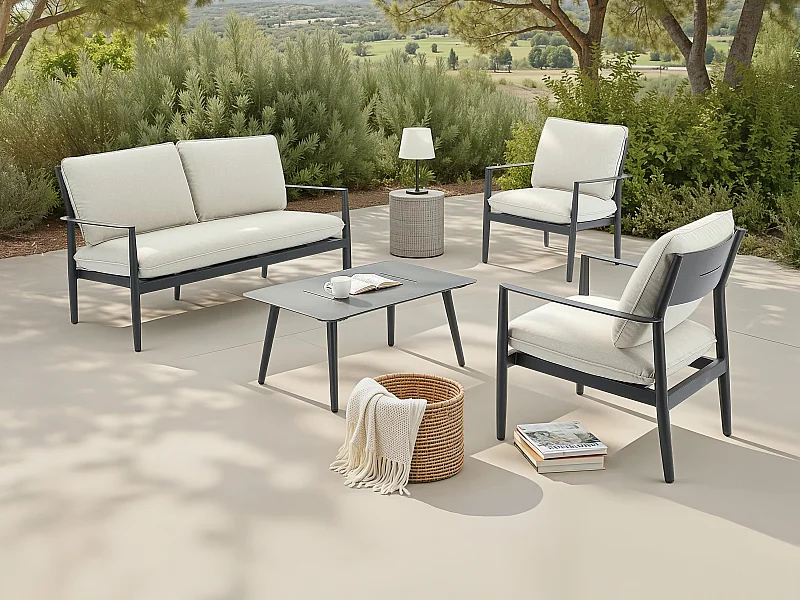 Conjunto de jardim em alumínio: um sofá de 2 lugares, 2 poltronas e 1 mesa de centro - Antracite com almofadas bege - TAVINYA de MYLIA