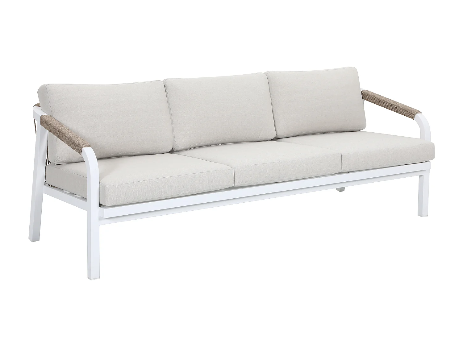 Conjunto de jardim em alumínio e corda: sofá 3 lugares, 2 poltronas e uma mesa de centro – Branco com almofadas bege – LUREYA da MYLIA