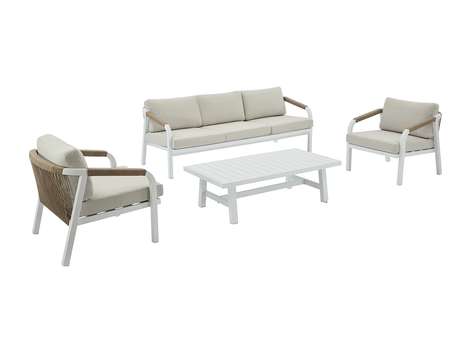 Conjunto de jardim em alumínio e corda: sofá 3 lugares, 2 poltronas e uma mesa de centro – Branco com almofadas bege – LUREYA da MYLIA