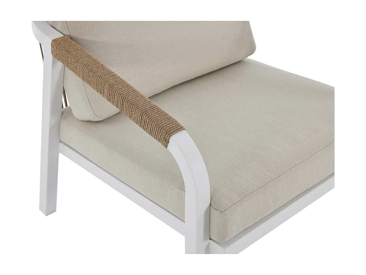Conjunto de jardim em alumínio e corda: sofá 3 lugares, 2 poltronas e uma mesa de centro – Branco com almofadas bege – LUREYA da MYLIA