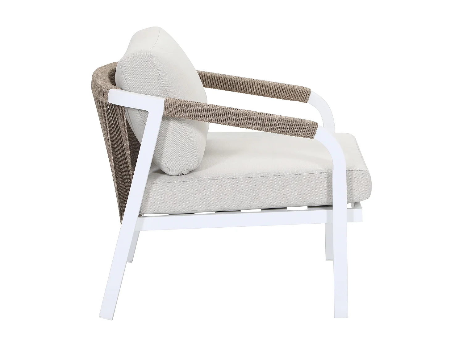 Conjunto de jardim em alumínio e corda: sofá 3 lugares, 2 poltronas e uma mesa de centro – Branco com almofadas bege – LUREYA da MYLIA