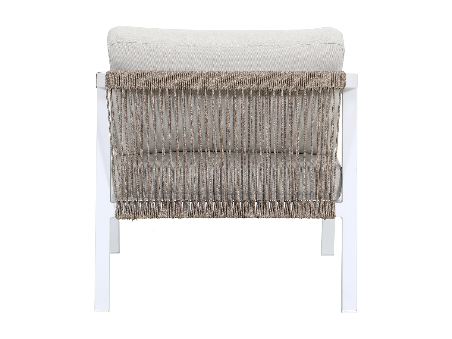 Conjunto de jardim em alumínio e corda: sofá 3 lugares, 2 poltronas e uma mesa de centro – Branco com almofadas bege – LUREYA da MYLIA
