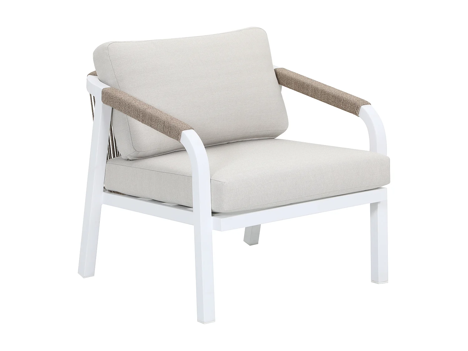 Conjunto de jardim em alumínio e corda: sofá 3 lugares, 2 poltronas e uma mesa de centro – Branco com almofadas bege – LUREYA da MYLIA