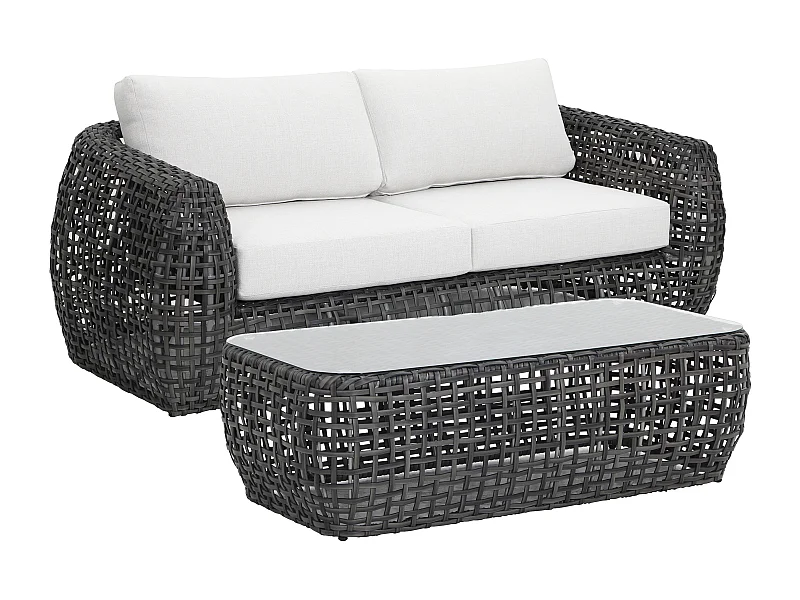 Salon de jardin en résine tressée : un canapé de jardin 2 places et 1 table basse - Anthracite avec coussins blancs - VEYRO de MYLIA