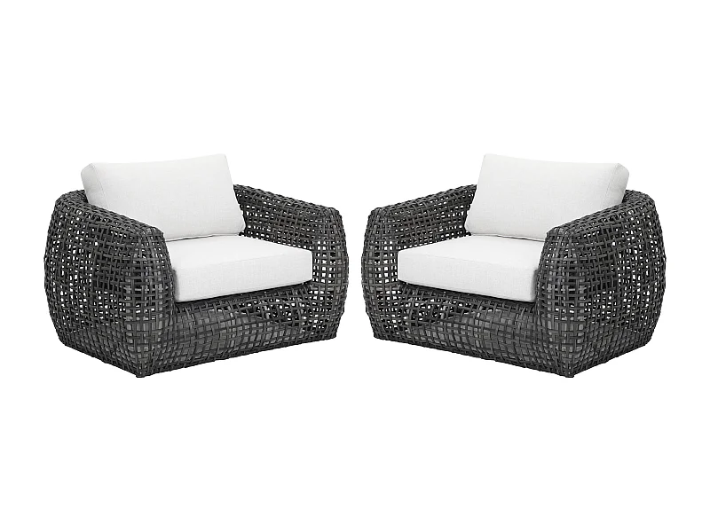 Lot de 2 fauteuils de jardin en résine tressée - Anthracite avec coussins blancs - VEYRO de MYLIA